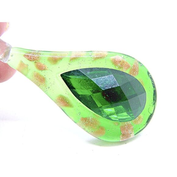 Emerald Green Teardrop Handmade Glass and Stone Fashion Pendant Gold Specks - Picture 2 of 11